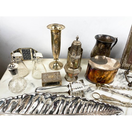 18 - A QUANTITY OF SILVER AND SILVER PLATE, including an Art Nouveau style silver picture frame, Sheffiel... 