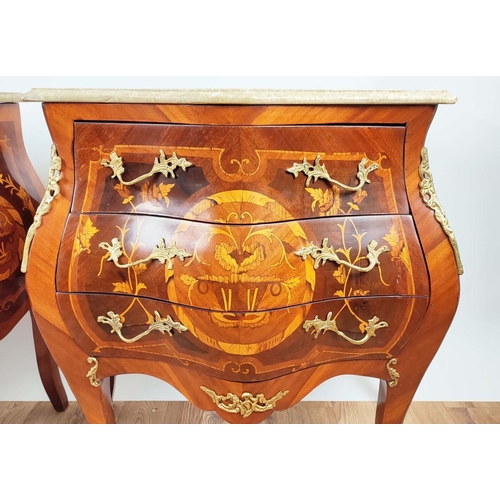 132 - PETITE BOMBE COMMODES, a pair, 85cm x 50cm x 78cm, each three drawer, gilt mounts, marble  tops. (2)