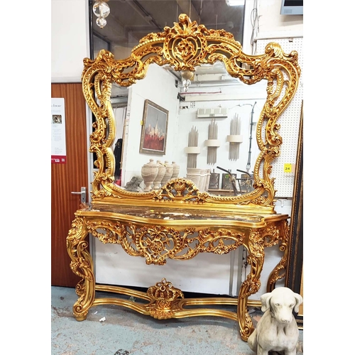 133 - CONSOLE TABLE AND MIRROR, Rococo style, gilt, marble top, bevelled plate, 180cm x 51cm x 250cm.