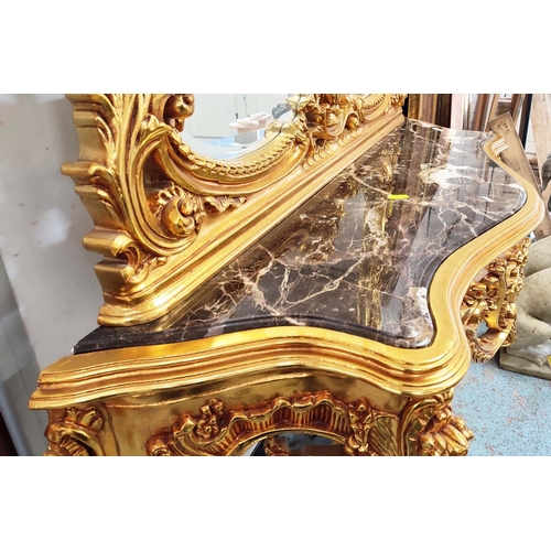 133 - CONSOLE TABLE AND MIRROR, Rococo style, gilt, marble top, bevelled plate, 180cm x 51cm x 250cm.