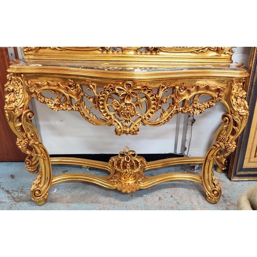 133 - CONSOLE TABLE AND MIRROR, Rococo style, gilt, marble top, bevelled plate, 180cm x 51cm x 250cm.