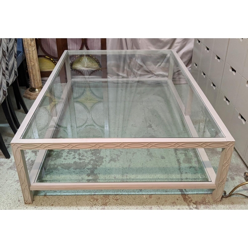 342 - LOW TABLE, 180cm x 45cm H x 121cm, with a grey painted blind fretwork frame and glass top and undert... 