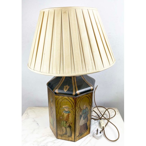 17 - CHINESE TOLEWARE TEA CANISTER LAMP, with chinoiserie figural decoration and silk pleated shade, 70cm... 