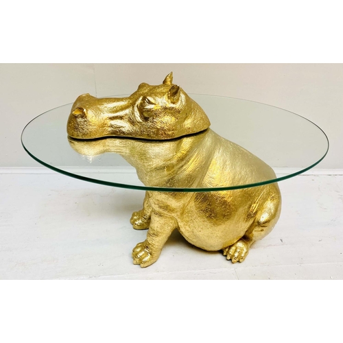 334 - HIPPOPTAMUS LOW TABLE, 65cm x 50cm x 45cm, gilt finish to body, glass top.