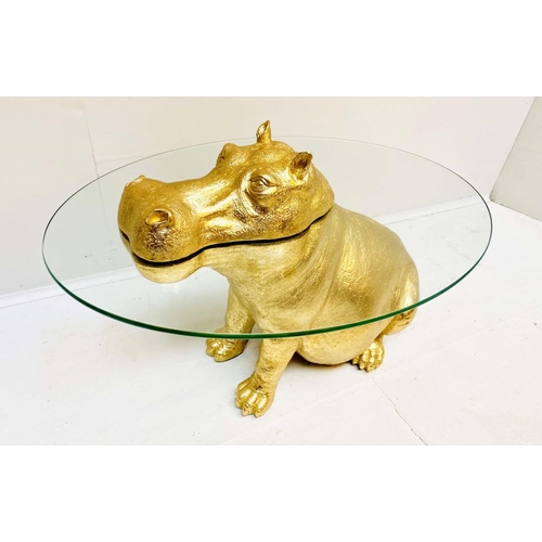 334 - HIPPOPTAMUS LOW TABLE, 65cm x 50cm x 45cm, gilt finish to body, glass top.