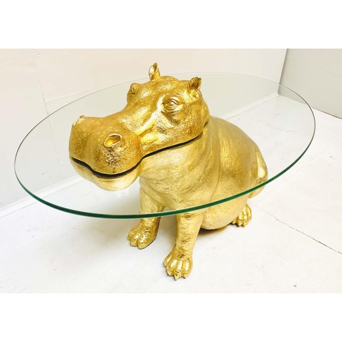 334 - HIPPOPTAMUS LOW TABLE, 65cm x 50cm x 45cm, gilt finish to body, glass top.