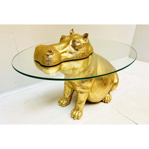 334 - HIPPOPTAMUS LOW TABLE, 65cm x 50cm x 45cm, gilt finish to body, glass top.