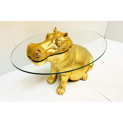 334 - HIPPOPTAMUS LOW TABLE, 65cm x 50cm x 45cm, gilt finish to body, glass top.