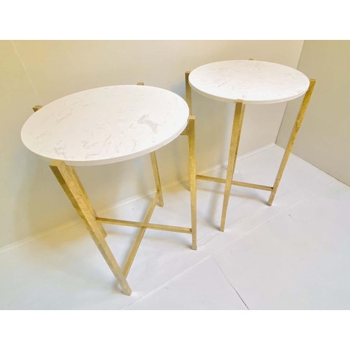 331 - SIDE TABLES, a pair, 63cm high, 44cm diameter, white stone finish inset tops, folding gilt metal bas... 