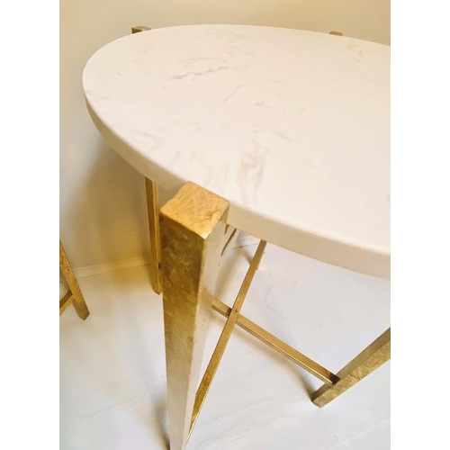 331 - SIDE TABLES, a pair, 63cm high, 44cm diameter, white stone finish inset tops, folding gilt metal bas... 