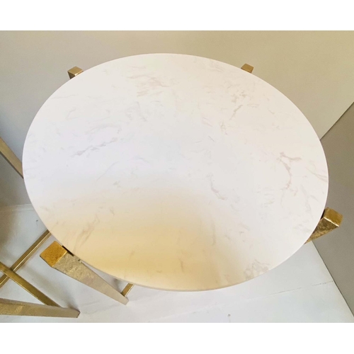 331 - SIDE TABLES, a pair, 63cm high, 44cm diameter, white stone finish inset tops, folding gilt metal bas... 