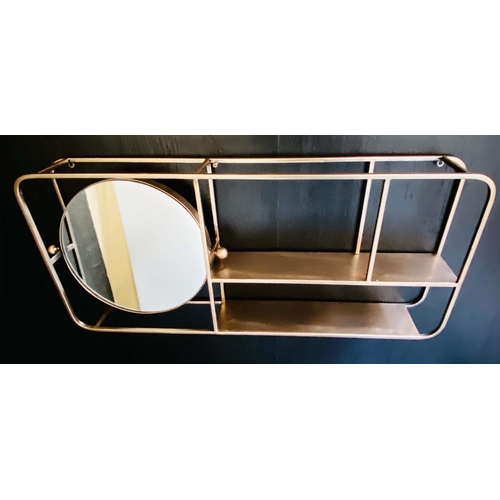 332 - WALL MOUNTING VANITY SHELVES, a pair, 36cm high, 82cm wide, 10cm deep, gilt metal frames with integr... 