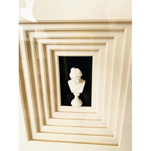 330 - MINIATURE BUST DISPLAY, Classical style, framed and glazed, 110cm x 100cm.