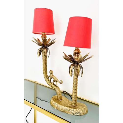 325 - TABLE LAMP, two branch, 50cm H x 32cm W x 15cm D in the form of a monkey climbing palm trees, with s... 