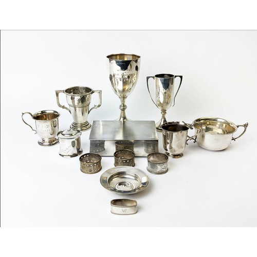 22 - A COLLECTION OF ASSORTED SILVERWARE, comprising 1937 cigarette box, porringer, mustard pot, small di... 