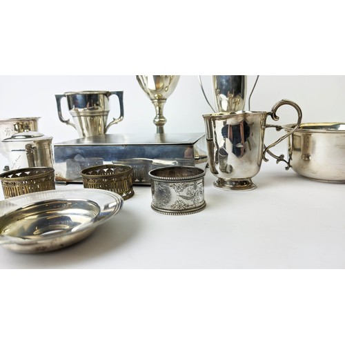 22 - A COLLECTION OF ASSORTED SILVERWARE, comprising 1937 cigarette box, porringer, mustard pot, small di... 