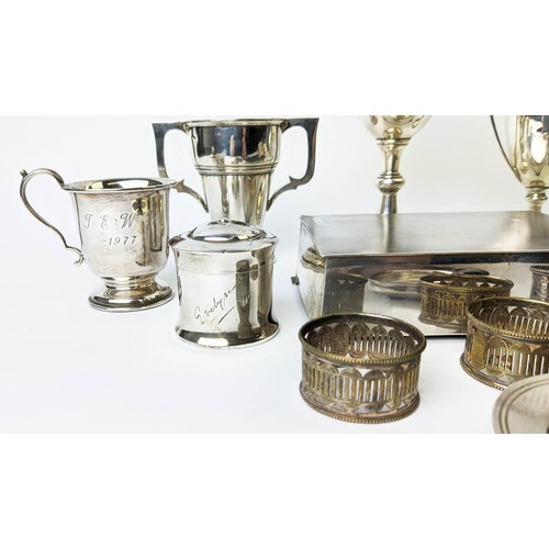 22 - A COLLECTION OF ASSORTED SILVERWARE, comprising 1937 cigarette box, porringer, mustard pot, small di... 