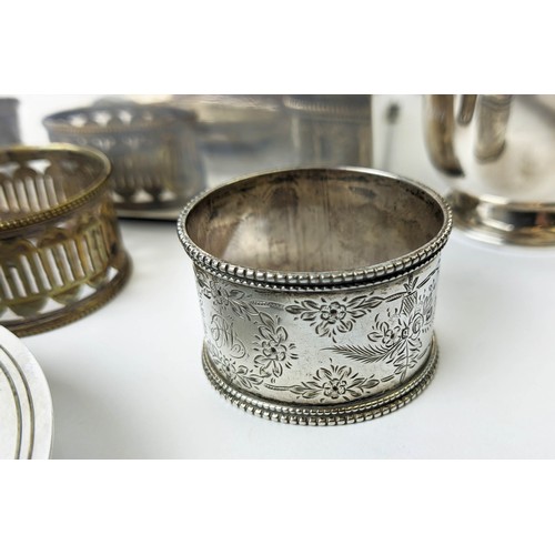 22 - A COLLECTION OF ASSORTED SILVERWARE, comprising 1937 cigarette box, porringer, mustard pot, small di... 