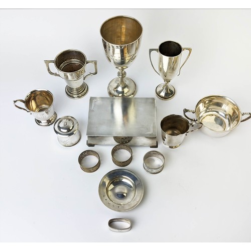 22 - A COLLECTION OF ASSORTED SILVERWARE, comprising 1937 cigarette box, porringer, mustard pot, small di... 