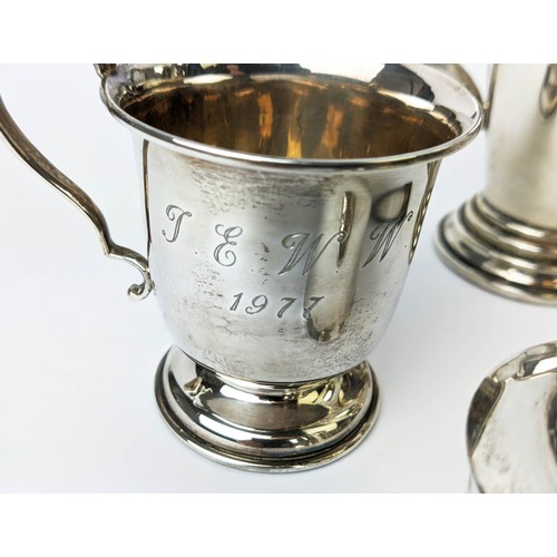 22 - A COLLECTION OF ASSORTED SILVERWARE, comprising 1937 cigarette box, porringer, mustard pot, small di... 