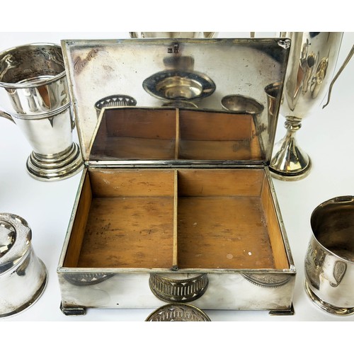 22 - A COLLECTION OF ASSORTED SILVERWARE, comprising 1937 cigarette box, porringer, mustard pot, small di... 