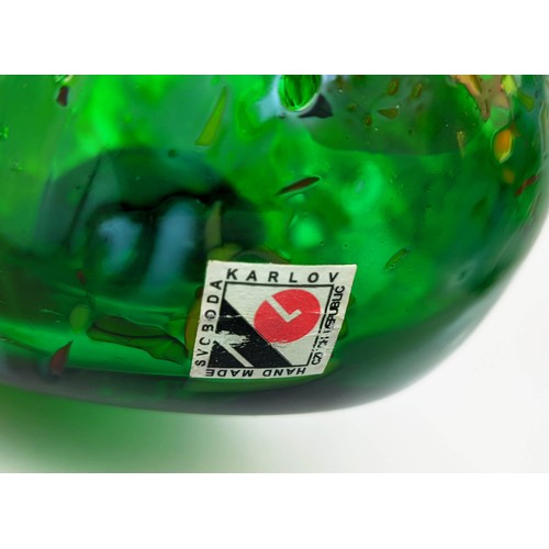 23 - KARLOV CZECH REPUBLIC COLOURED GLASS PEAR, green glass with overlaid decoration, 24cm H.