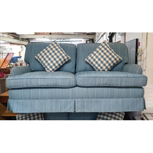 428 - HART VILLA INTERIORS SOFA, 90cm high, 180cm wide, 100cm deep, Howard style design, blue fabric uphol... 