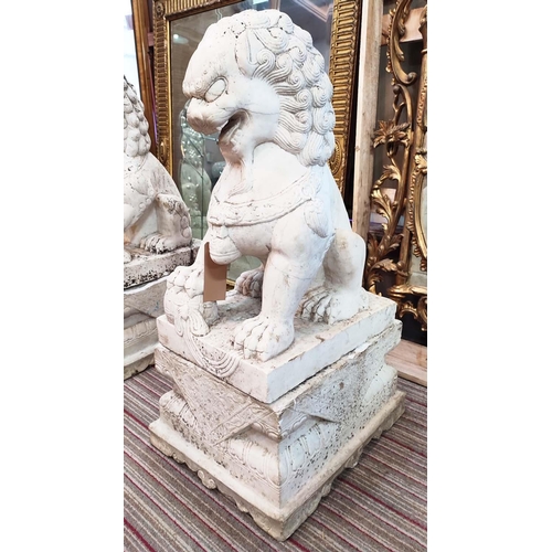 23 - MARBLE GARDEN FOO LIONS, a pair, early 20th century on plinths, 102cm H x 58cm D x 45cm W. (2)