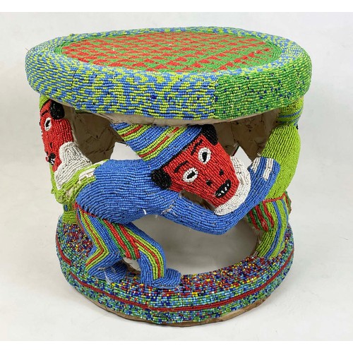 33 - BEADED BAMUN STOOL, from Cameroon. 58CM Rd x 51cm H