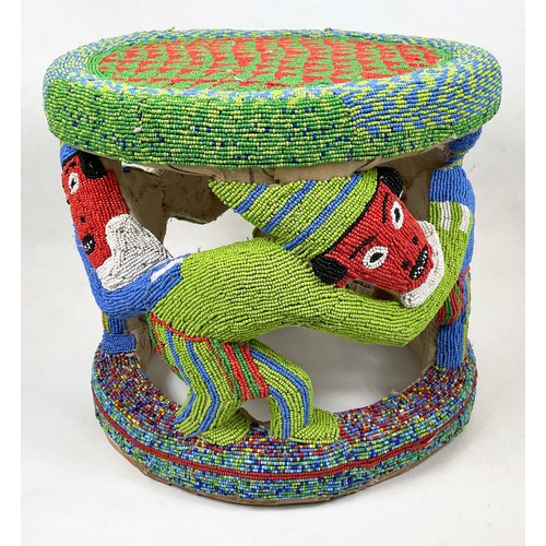 33 - BEADED BAMUN STOOL, from Cameroon. 58CM Rd x 51cm H