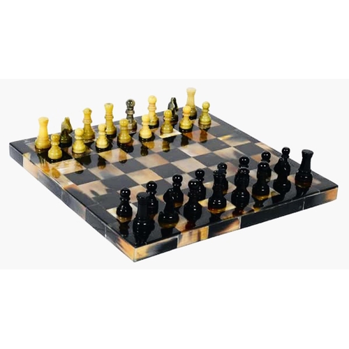 359 - CHESS SET, faux tortoiseshell finish to board, 31cm x 31cm.