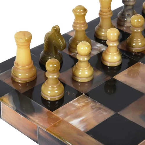 359 - CHESS SET, faux tortoiseshell finish to board, 31cm x 31cm.