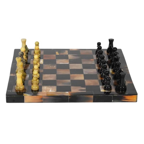 359 - CHESS SET, faux tortoiseshell finish to board, 31cm x 31cm.