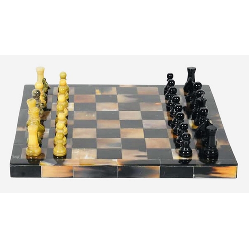 359 - CHESS SET, faux tortoiseshell finish to board, 31cm x 31cm.