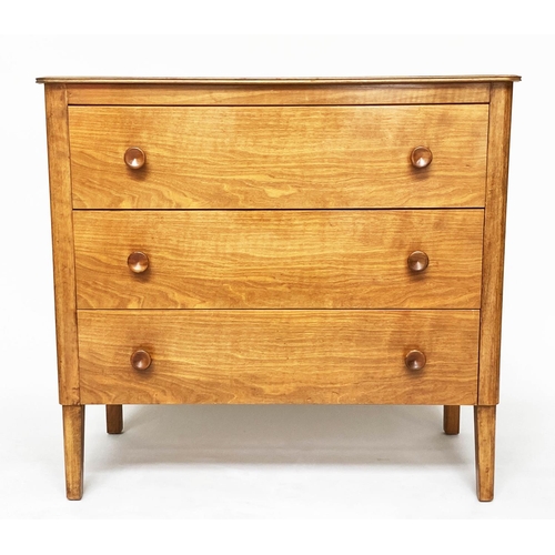 276 - GORDON RUSSELL CHEST, mid 20th century walnut with three long drawers, 91cm W, stamped 'Russell of B... 