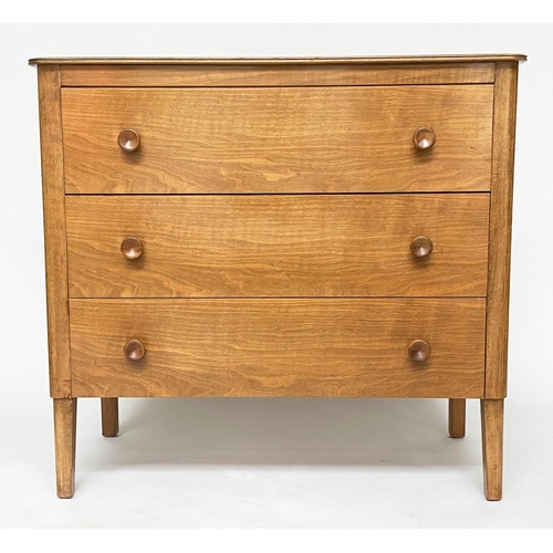 276 - GORDON RUSSELL CHEST, mid 20th century walnut with three long drawers, 91cm W, stamped 'Russell of B... 