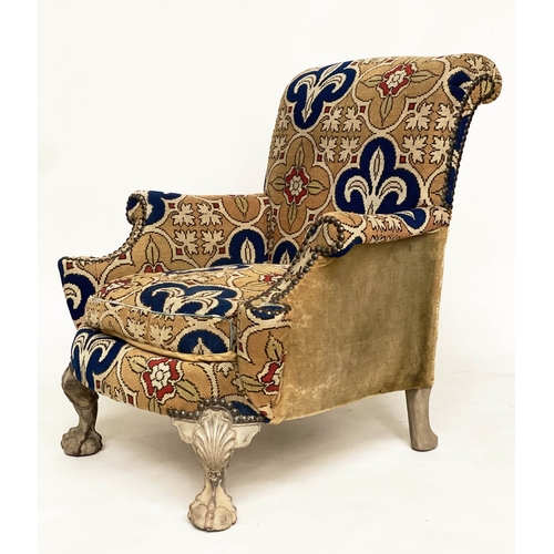 188 - ARMCHAIR, early 20th century Queen Anne style walnut with 'trefoil' tapestry upholstery and carved c... 