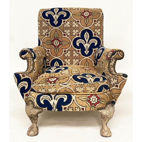 188 - ARMCHAIR, early 20th century Queen Anne style walnut with 'trefoil' tapestry upholstery and carved c... 