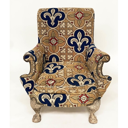 188 - ARMCHAIR, early 20th century Queen Anne style walnut with 'trefoil' tapestry upholstery and carved c... 