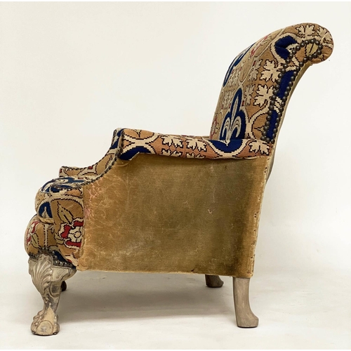 188 - ARMCHAIR, early 20th century Queen Anne style walnut with 'trefoil' tapestry upholstery and carved c... 