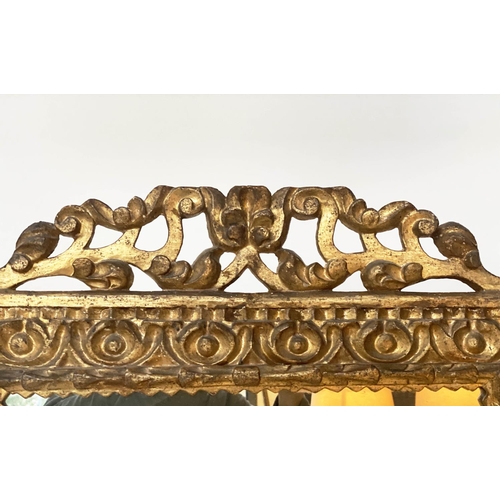 189 - WALL MIRROR, 19th century French carved giltwood with rosette carved frame and pierced carved scroll... 