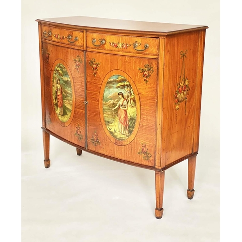 190 - SATINWOOD SIDE CABINET, early 20th century Edwardian bowfront satinwood and painted with two drawers... 