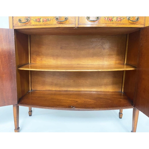 190 - SATINWOOD SIDE CABINET, early 20th century Edwardian bowfront satinwood and painted with two drawers... 