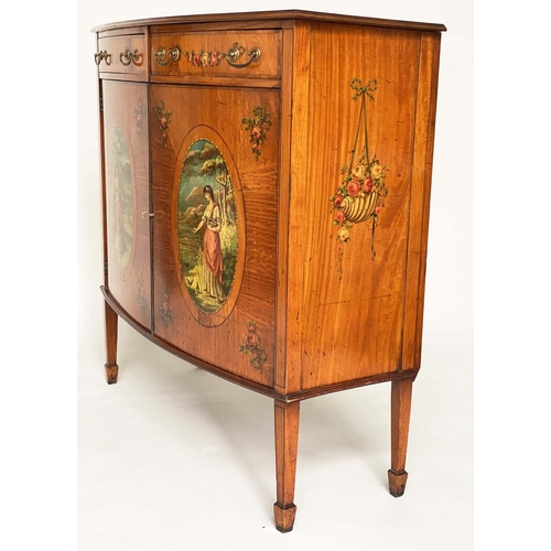 190 - SATINWOOD SIDE CABINET, early 20th century Edwardian bowfront satinwood and painted with two drawers... 