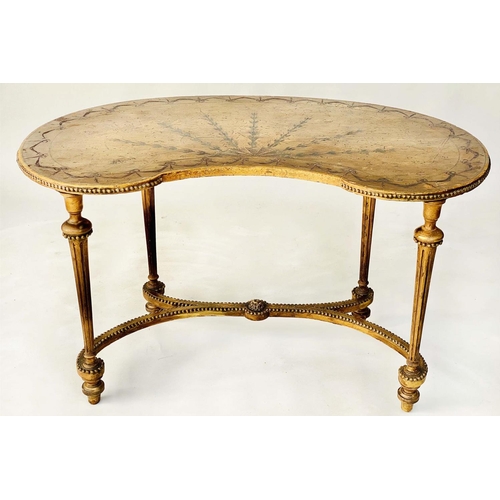 191 - KIDNEY SHAPED TABLE, Edwardian painted satinwood and gilt and gesso moulded, with fan outline and ha... 