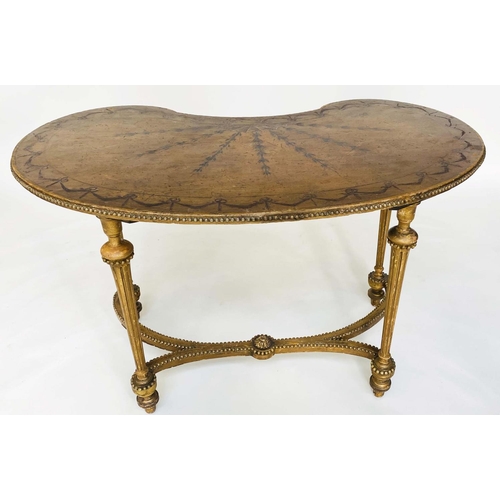 191 - KIDNEY SHAPED TABLE, Edwardian painted satinwood and gilt and gesso moulded, with fan outline and ha... 