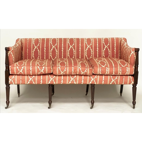 192 - SOFA, George III mahogany with terracotta cream trellis and stripe cotton upholstery and fluted supp... 