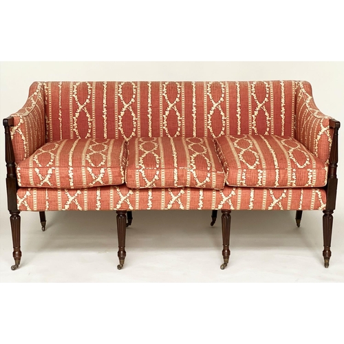 192 - SOFA, George III mahogany with terracotta cream trellis and stripe cotton upholstery and fluted supp... 