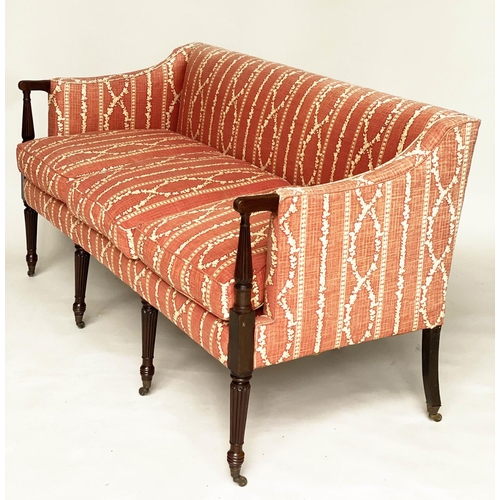 192 - SOFA, George III mahogany with terracotta cream trellis and stripe cotton upholstery and fluted supp... 