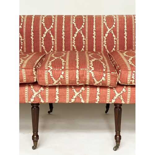 192 - SOFA, George III mahogany with terracotta cream trellis and stripe cotton upholstery and fluted supp... 